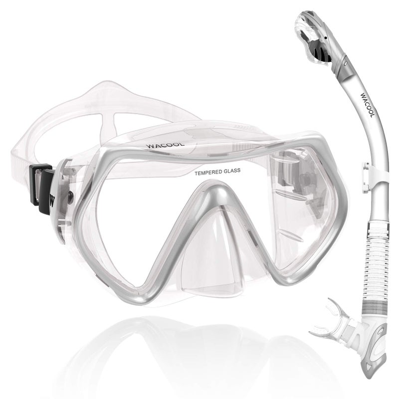 WACOOL Professional Snorkeling Snorkel Diving Scuba Package Set with Anti-Fog Coated Glass Purge Valve and Anti-Splash Silicon Mouth Piece for Men Women (Adults,Silver) - Image 1